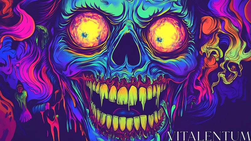 Psychedelic neon skull blazes with chaotic cosmic energy