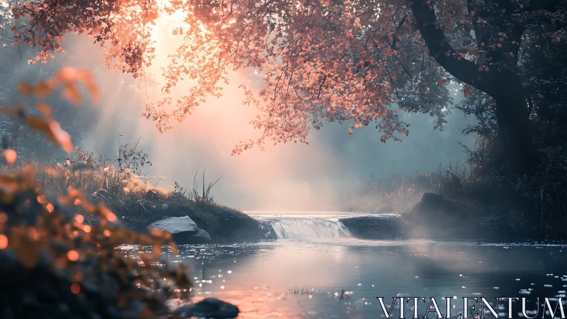 Volumetric dawn light over misted woodland cascade pool.