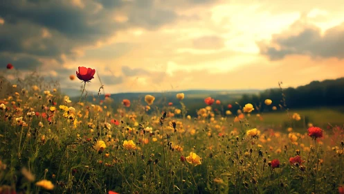 Sunset meadow of wildflowers and one brave red bloom.
