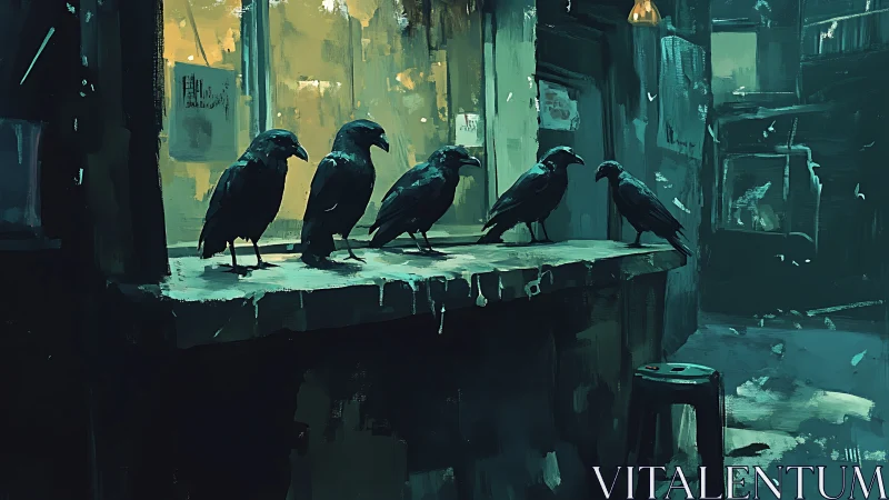 Crows on urban ledge before illuminated storefront window.