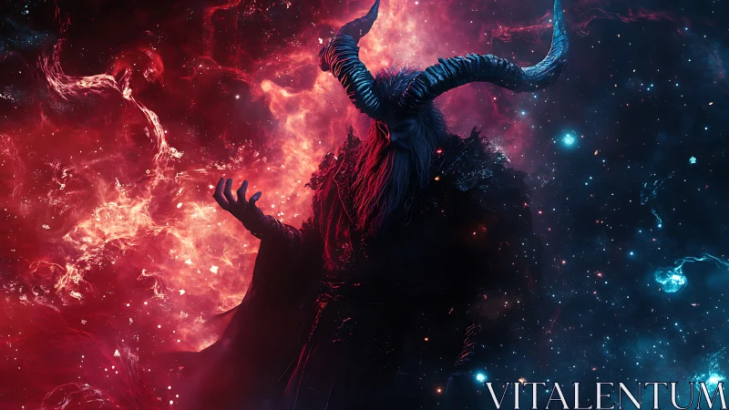 Horned cosmic figure in red blue nebula environment.