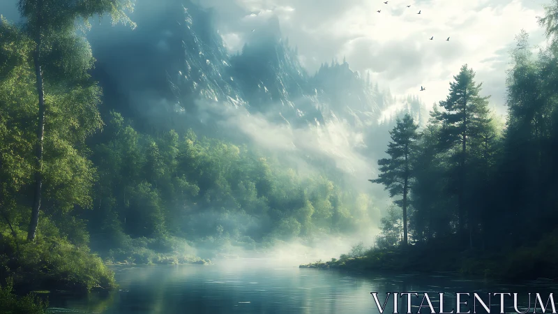Misty Mountain Lake Landscape with Evergreens and Dawn Light