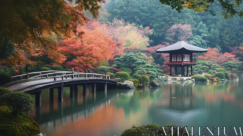 Japanese garden pond with arched bridge and lakeside pavilion.