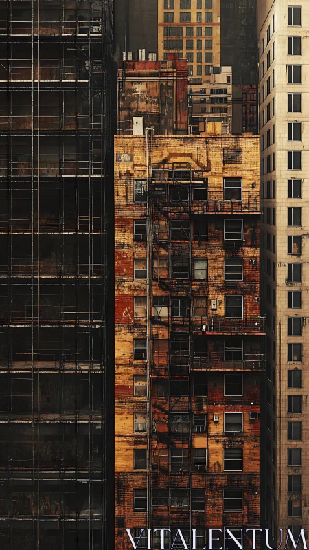 Rust-scarred tower quietly argues with glass and stone neighbors
