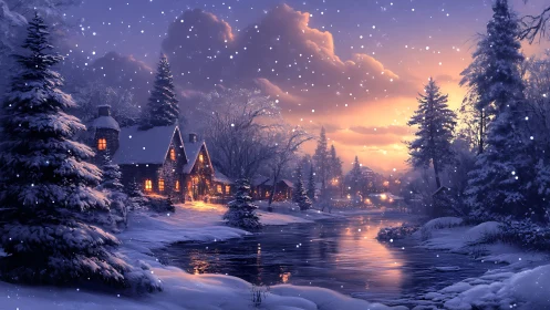 Snow covered riverside cabins glow under winter sunset