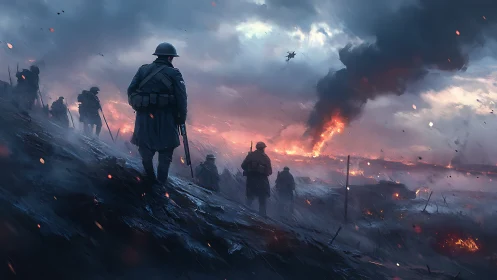 World War battlefield scene with soldiers and burning horizon.