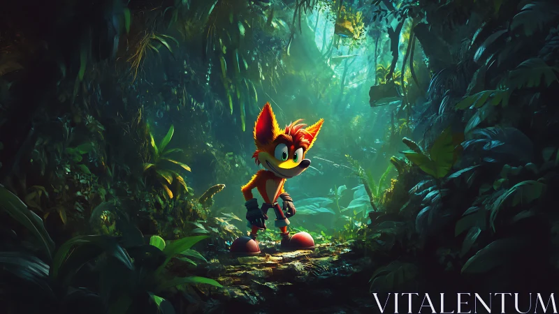 Stylized fox character illuminated in dense volumetric jungle light