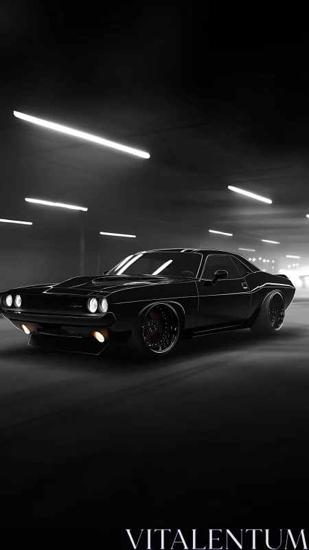 Black muscle car moves through illuminated tunnel interior