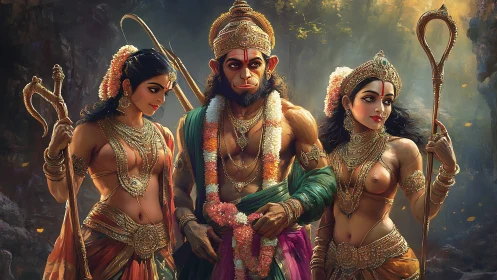 Digital painting of divine trio with ornate regalia focus.