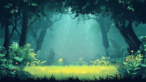 Enchanted Forest Clearing at Dawn with Glowing Light.