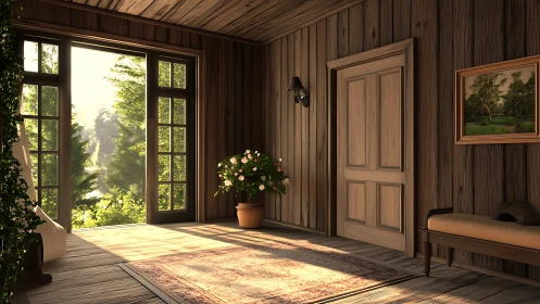 Sunlit rustic hallway with open doors to forest view.