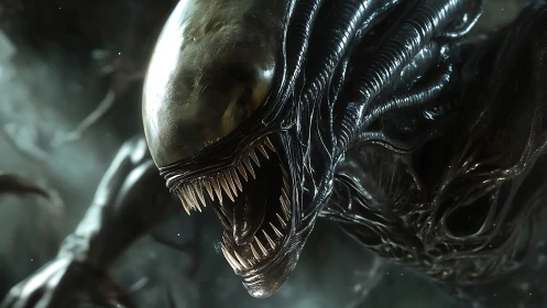 Nightmarish alien creature leans forward with a vicious grin