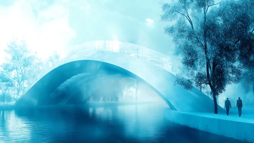 Futuristic misty bridge spans reflective river in cyan light.