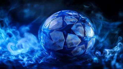 Glowing blue football sphere amid swirling luminous smoke.