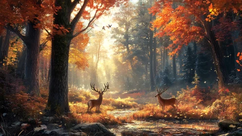 Deer in Autumn Forest with Stream.