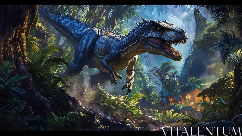 Theropod predator sprinting through hyper-detailed Jurassic jungle.