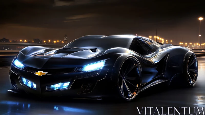 Midnight Chevrolet supercar glowing with electric blue light.