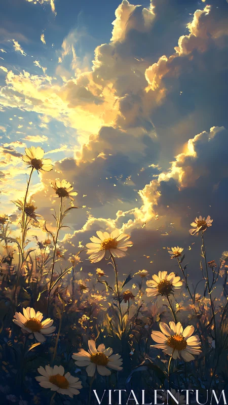 Field of daisies glowing beneath dramatic golden clouds