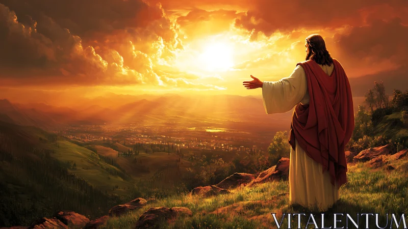 Robe-clad figure blesses sunlit valley under blazing sky