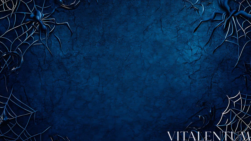 Metallic spider silhouettes frame textured cobalt background space