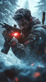 Battle-hardened sniper grips rifle in blizzard-lit combat.