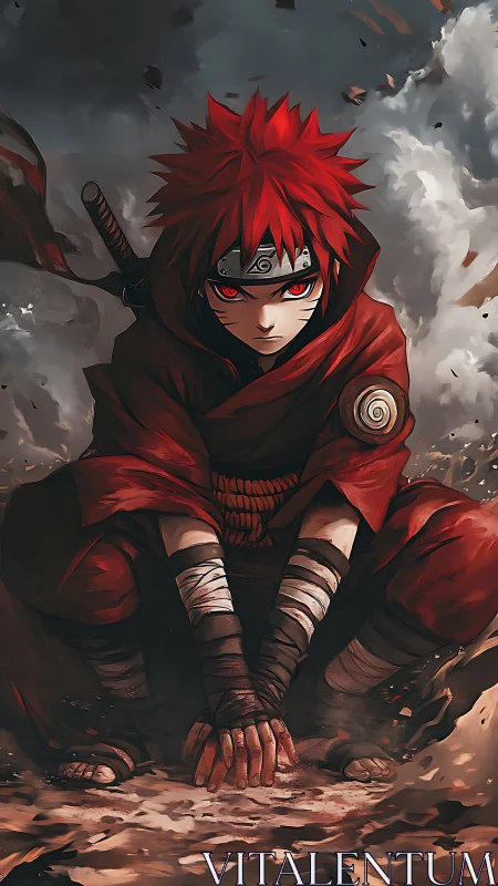 Crimson sand-channeling shinobi in dynamic crouched convergence.