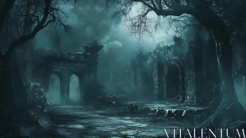 Moonlit ruins brood beneath twisted trees and rising fog