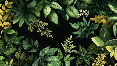 Lush botanical foliage border on deep black background.