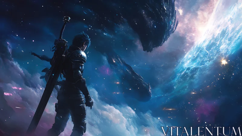 Armored figure with sword observing colossal space forms.