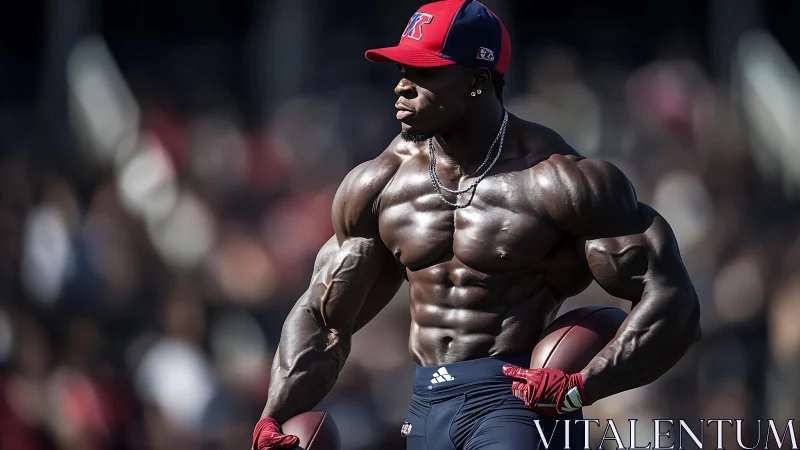 Hyper-muscular gridiron sprinter in photorealistic mid-stride pose.