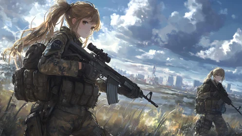 Anime tactical operators in windswept urban-edge landscape.