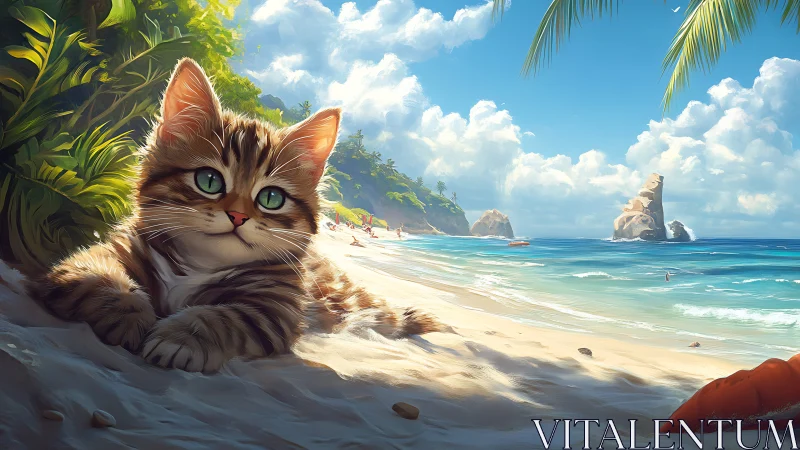Tabby Cat Lounging on a Tropical Beach Paradise.
