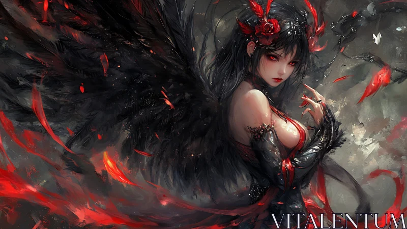 Dark winged demon girl with red eyes and swirling embers.