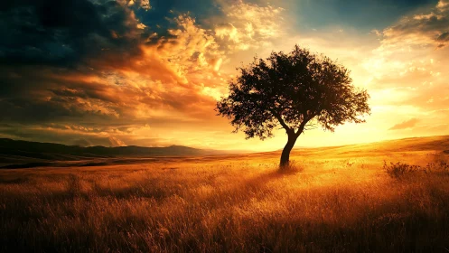 Solitary tree dominates glowing golden sunset field
