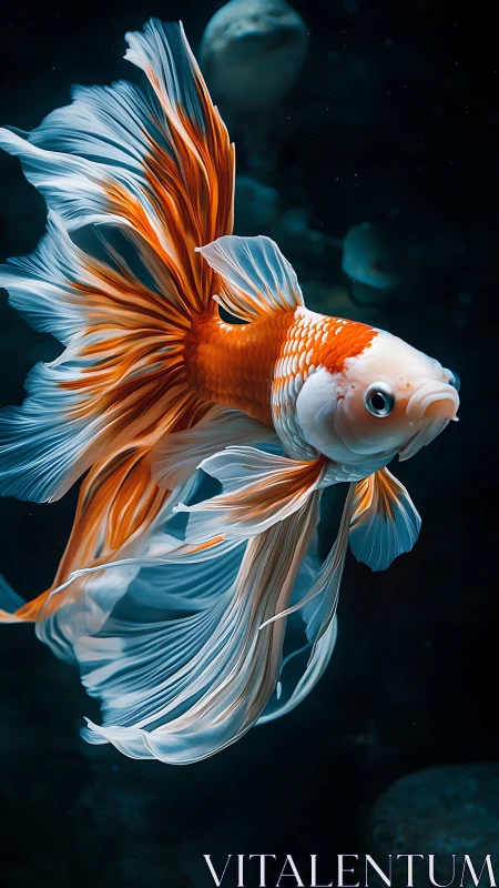 Graceful orange-white betta fish in deep aqua lighting.