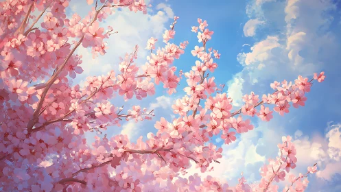 Atmospheric cherry blossom canopy under luminous spring sky.