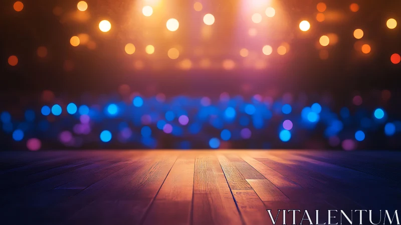 Empty stage floor is lit by defocused multicolor lights