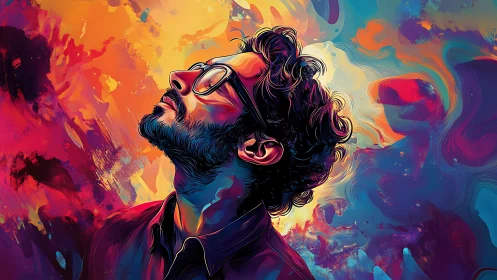 Portrait of a reflective man in neon chromatic abstraction