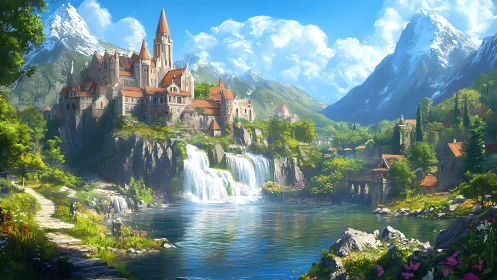 Mountain castle above waterfalls in lush river valley.