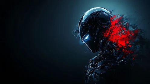 Chrome sentinel pauses as crimson data erupts into void