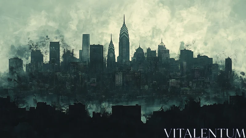 Moody urban skyline silhouette in atmospheric digital painting.
