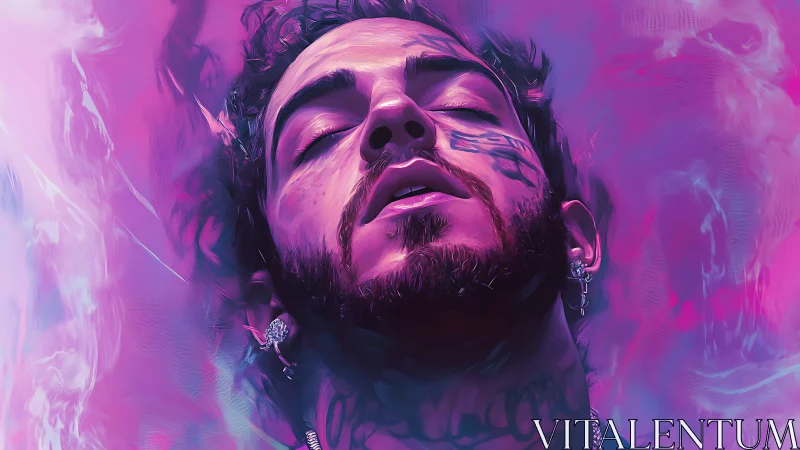 Neon portrait captures euphoric bearded man in violet haze.