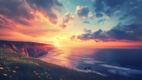 Golden cliffside sunset over calm, colorful ocean horizon.