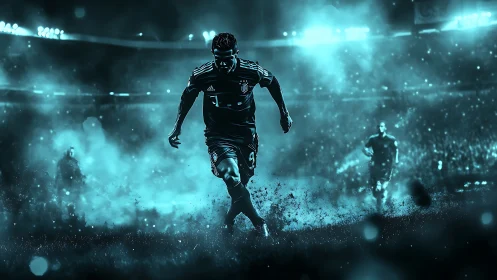 Neon storm striker charging through electric stadium fog.