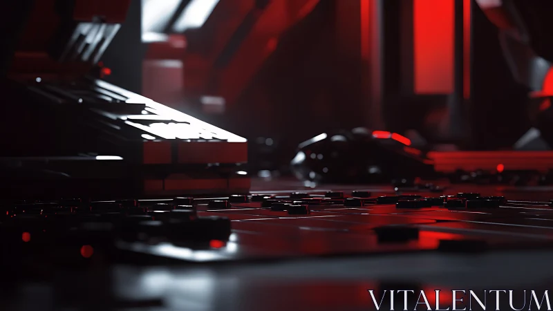 Futuristic gaming desk with mechanical keyboard and mouse.