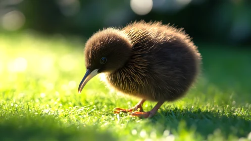 Emerald-Eyed Kiwi Bird Contemplates Life on Luminous Grass