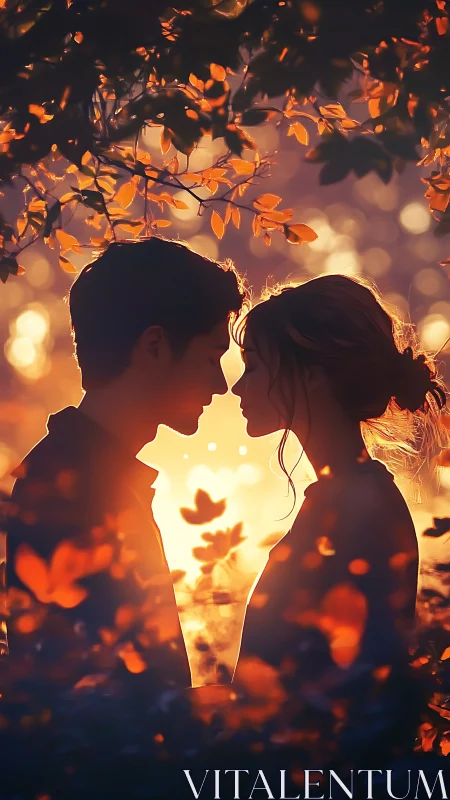 Silhouettes Beneath Autumn Foliage. Romantic Golden Hour Profile.