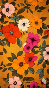 Bold Botanical Pattern: Vibrant Floral Motifs on Golden Ground.