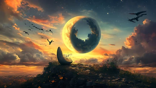 Surreal celestial orb rising over broken crescent hilltop.