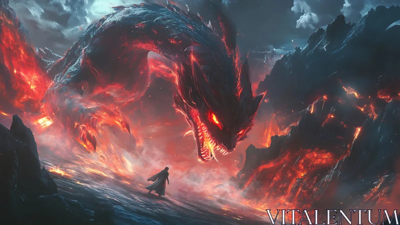 Volcanic wyrm coils above lone hero on molten horizon.